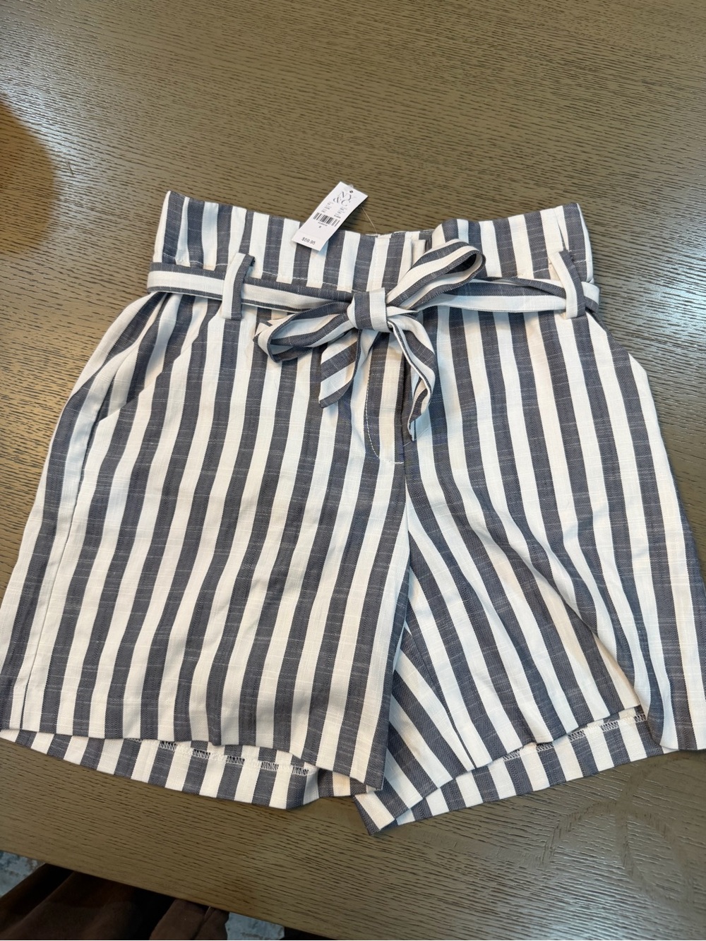 New York & Company Navy and White Striped High-Waist Tie Shorts